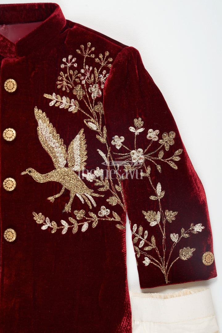 Boys Maroon Sherwani Kurta with Intricate Golden Velvet Embroidery and Cream Trousers