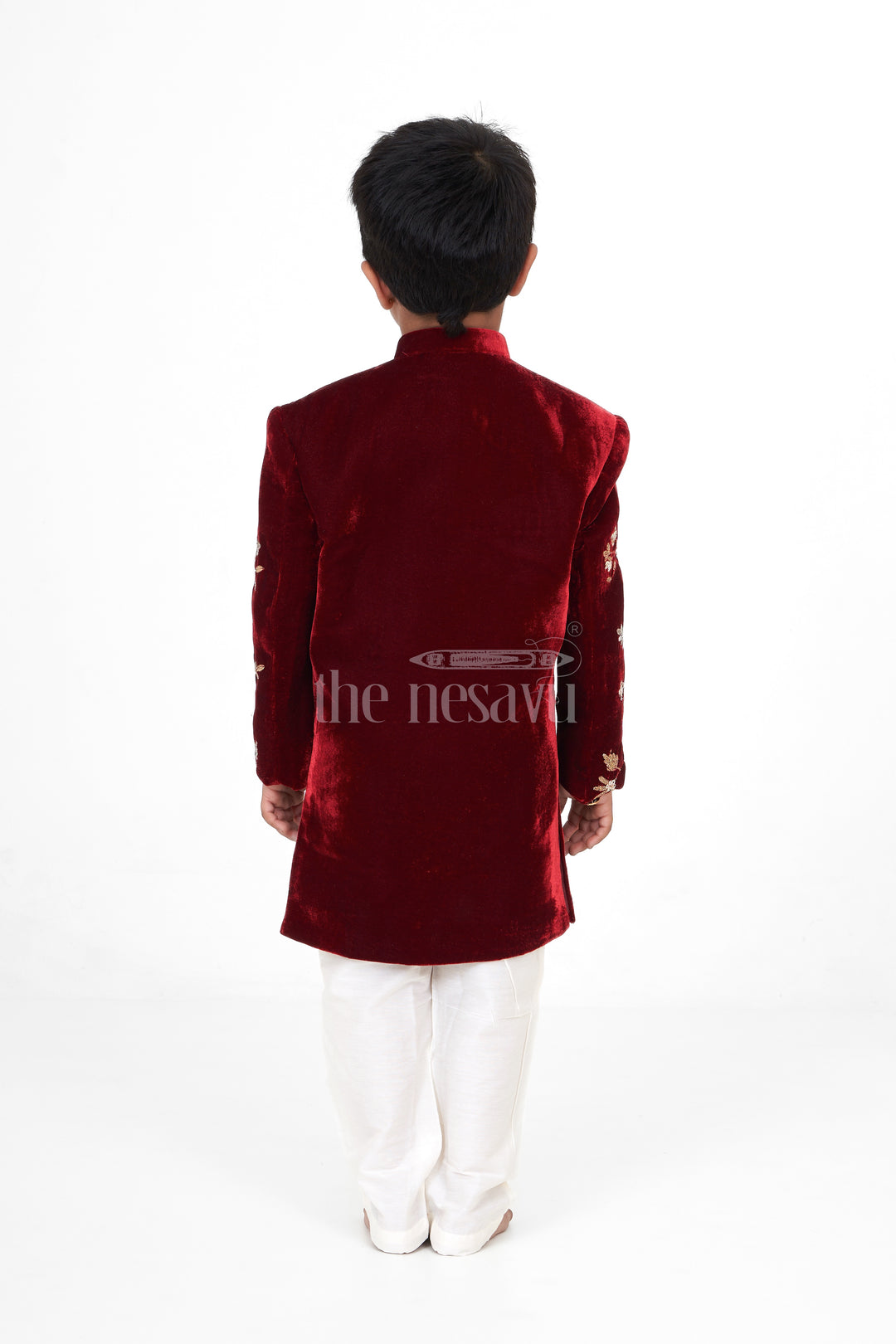 Boys Maroon Sherwani Kurta with Intricate Golden Velvet Embroidery and Cream Trousers