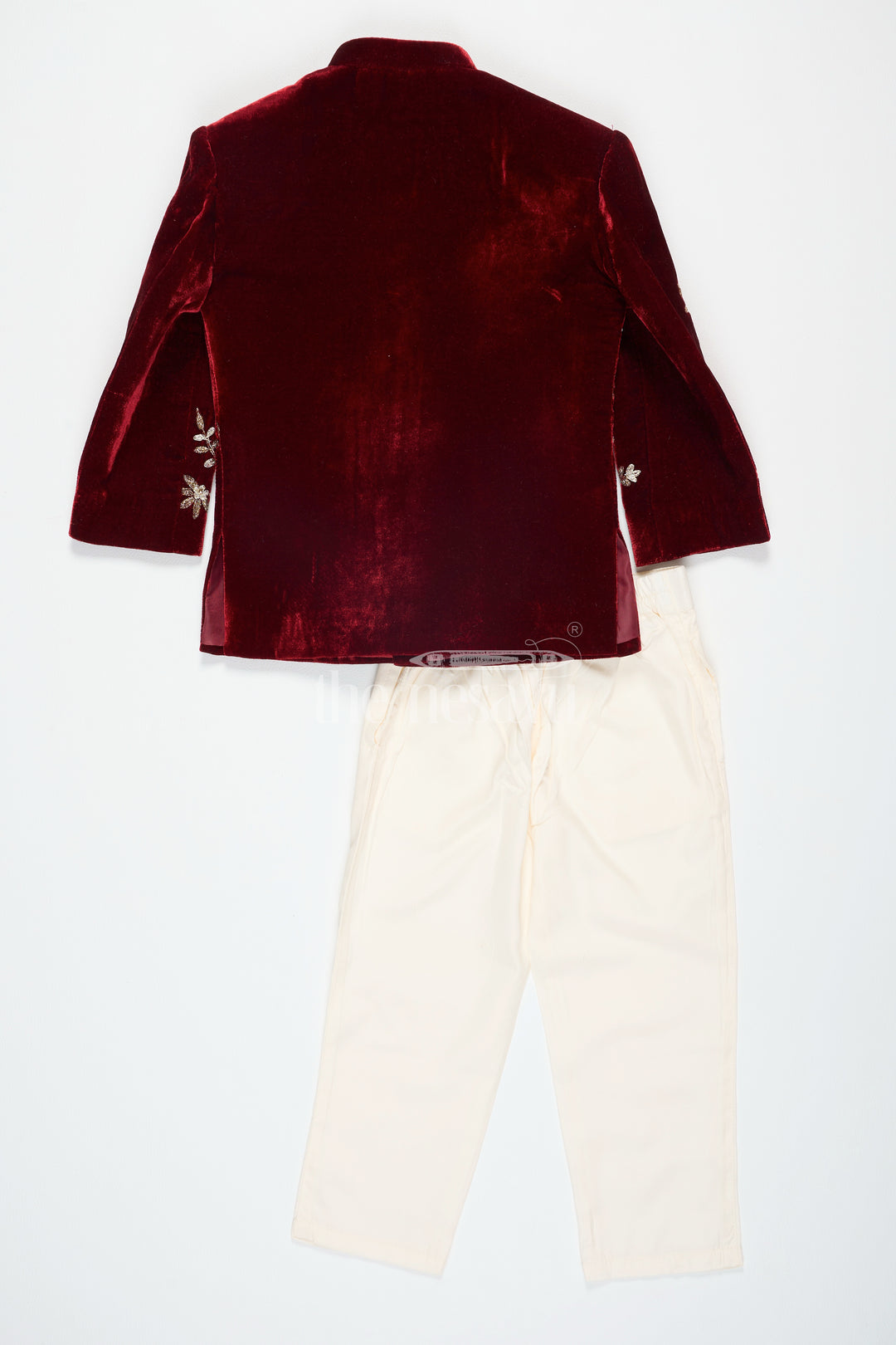 Boys Maroon Sherwani Kurta with Intricate Golden Velvet Embroidery and Cream Trousers