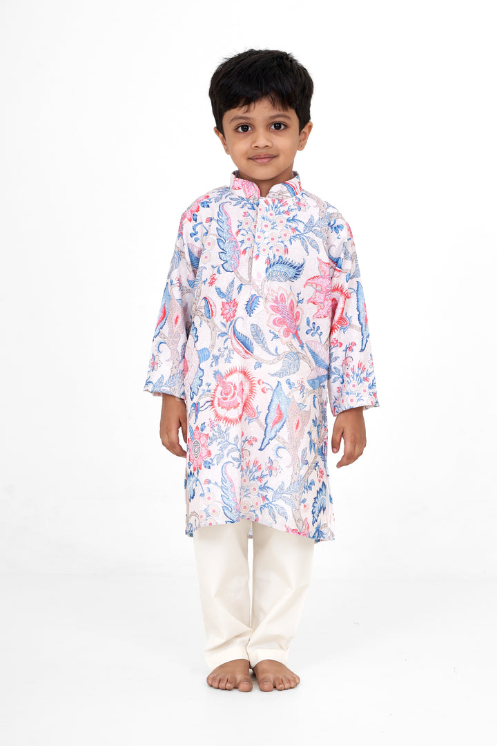 Boys Multicolor Chanderi Cotton Kurtha Set with Digital Print for Festive Events