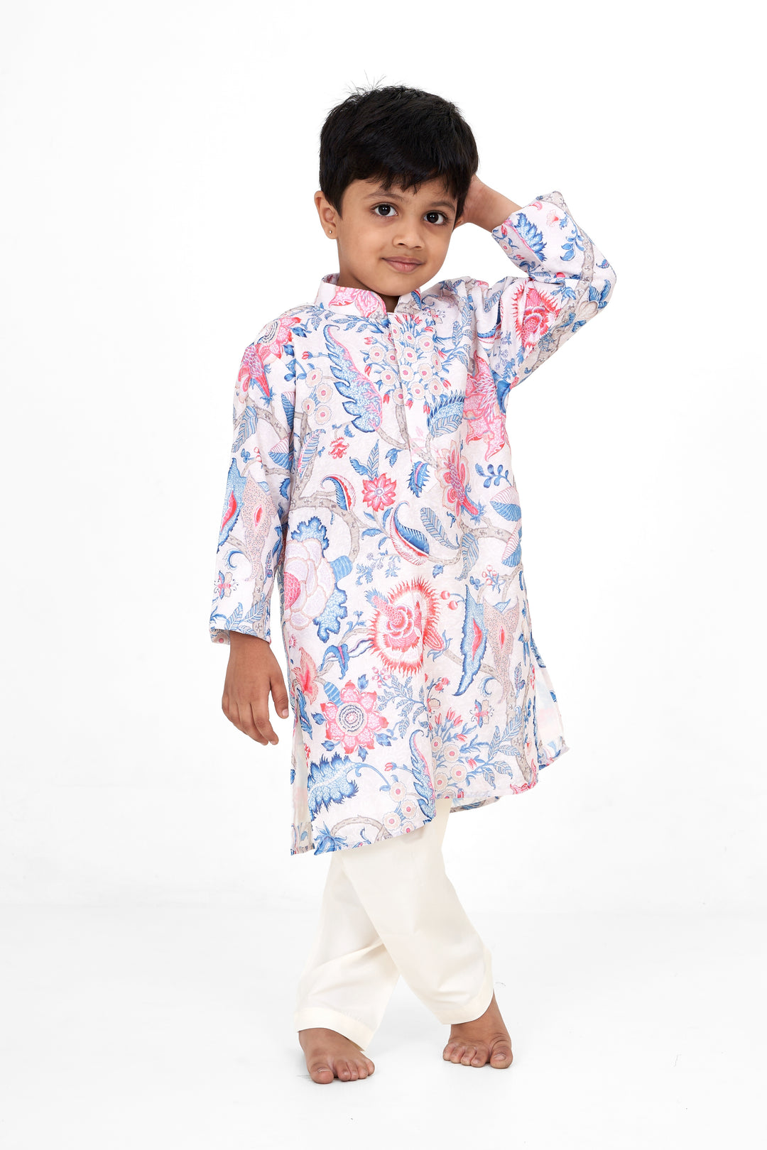 Boys Multicolor Chanderi Cotton Kurtha Set with Digital Print for Festive Events