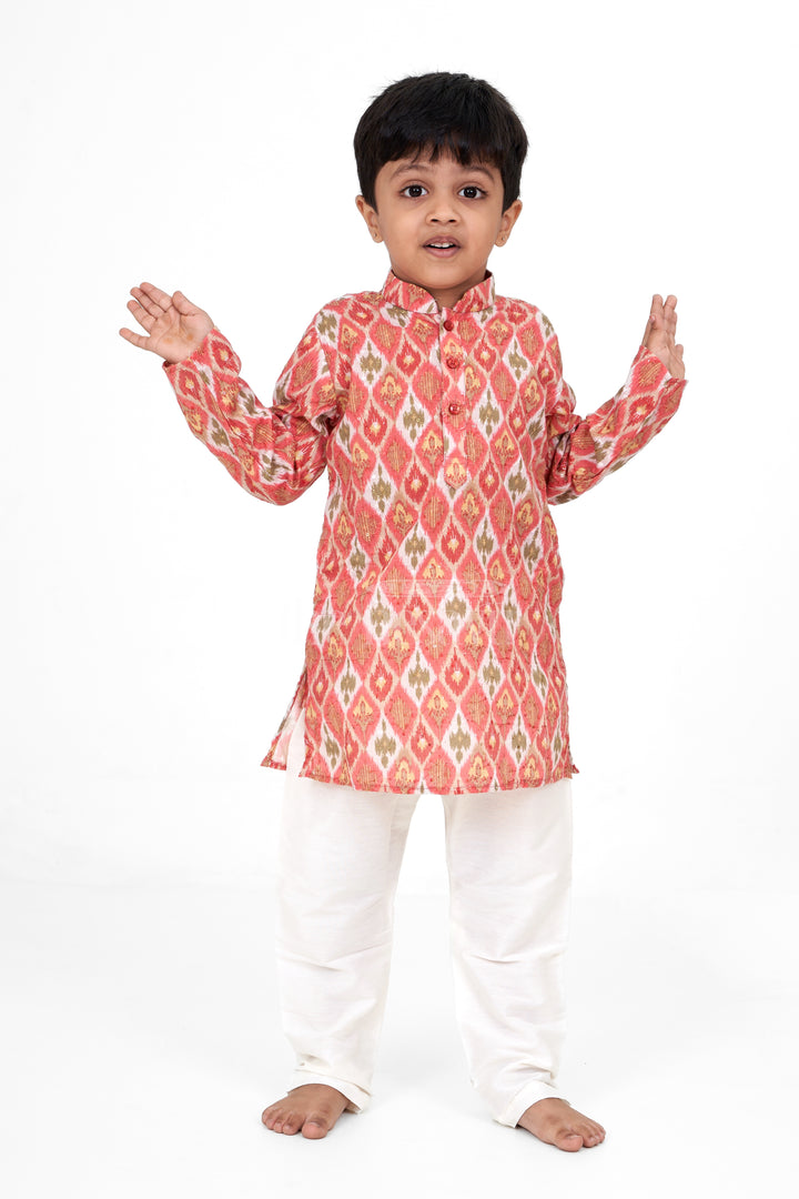 Traditional Boys Kurtha Set in Blended Fabric with Ikat Print