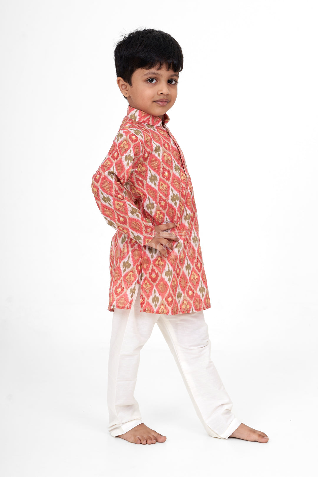 Traditional Boys Kurtha Set in Blended Fabric with Ikat Print