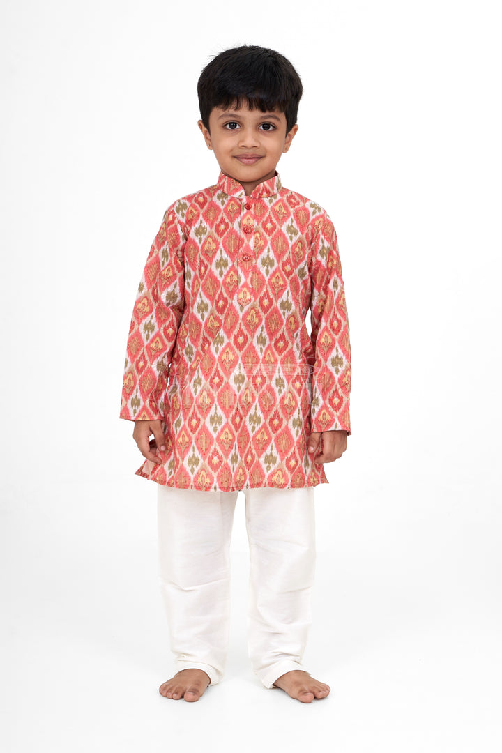 Traditional Boys Kurtha Set in Blended Fabric with Ikat Print