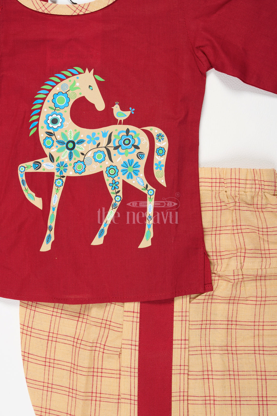 Boys South Indian Dhoti Set in Cotton with Embroidered Horse Kurta for Festive Celebrations