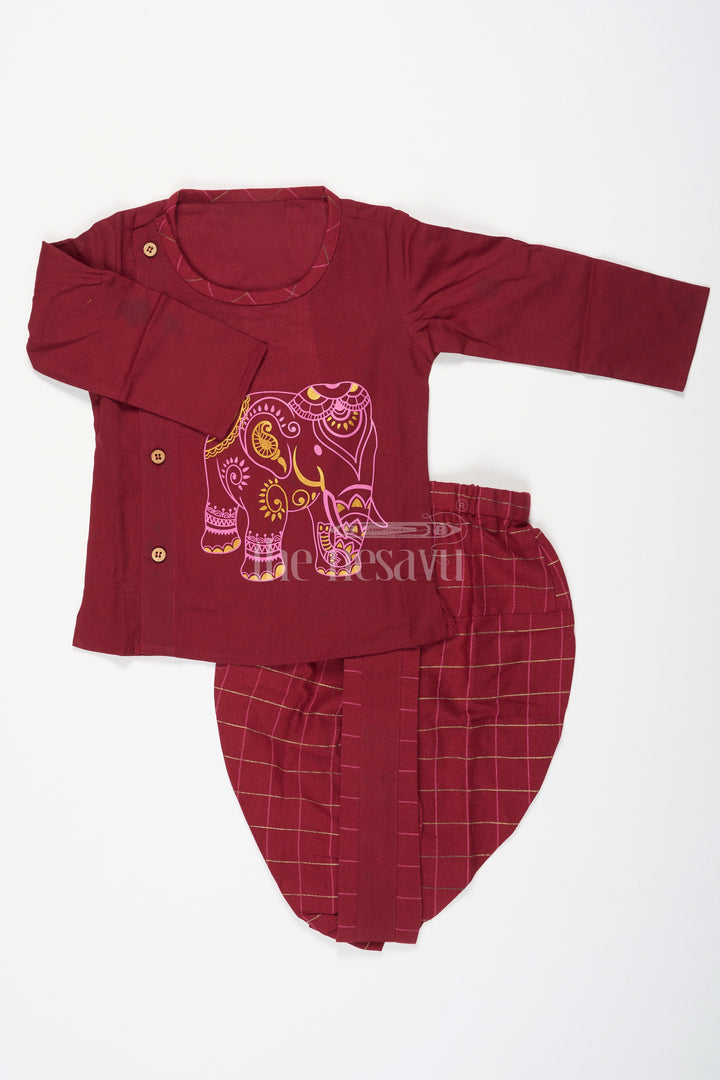 Boys Traditional Dhoti Set in Cotton with Elephant Embroidered Kurta for Cultural Celebrations