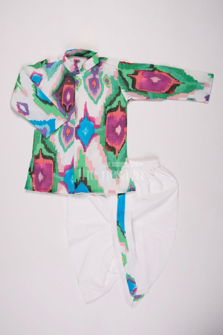 Boys Multicolored Dhoti Kurti Set in Muslin Silk with Vibrant Design