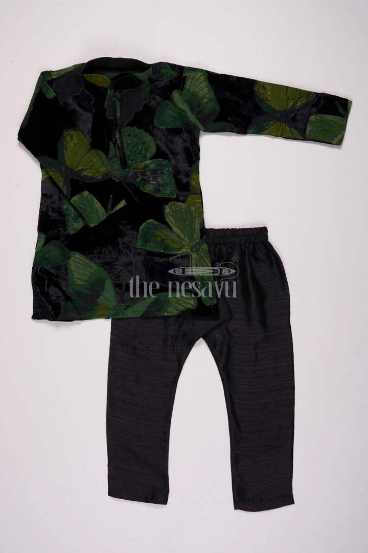 Boys Black Velvet Brazzo Casual Shirt with Butterfly Print and Stylish Pants