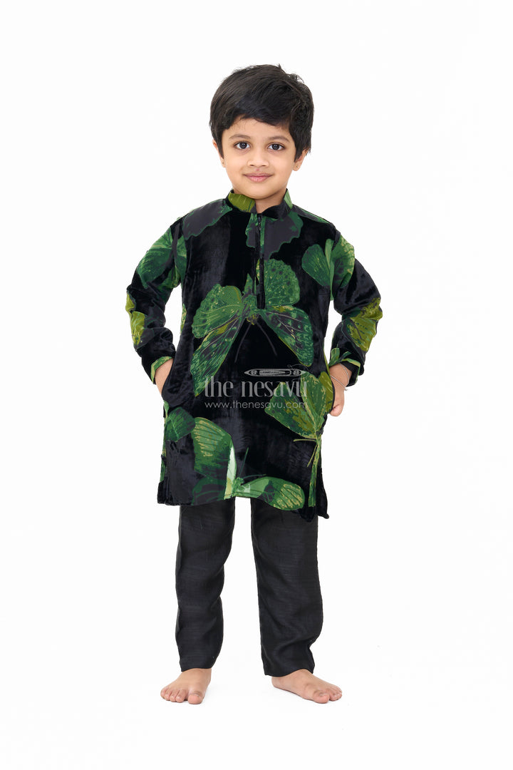 Boys Black Velvet Brazzo Casual Shirt with Butterfly Print and Stylish Pants