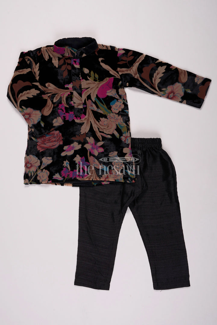 Boys Black Velvet Brazzo Casual Wear with Floral Print and Comfortable Pants