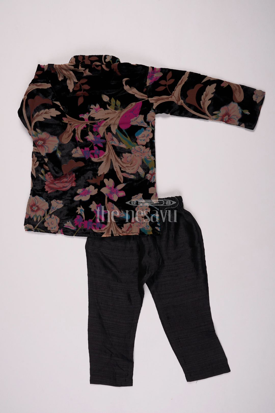 Boys Black Velvet Brazzo Casual Wear with Floral Print and Comfortable Pants