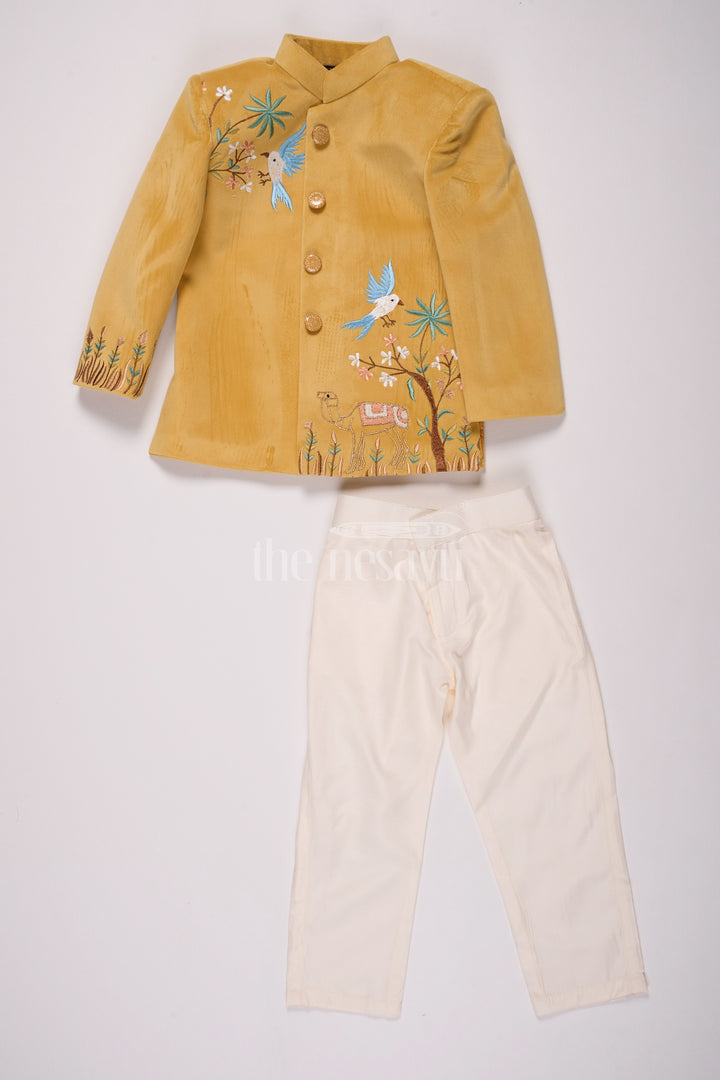 Boys Velvet Casual Dress with Designer Embroidery and Classic Cream Pants