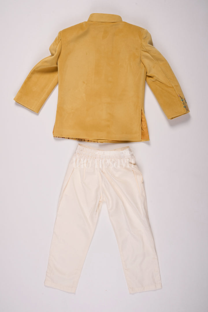 Boys Velvet Casual Dress with Designer Embroidery and Classic Cream Pants