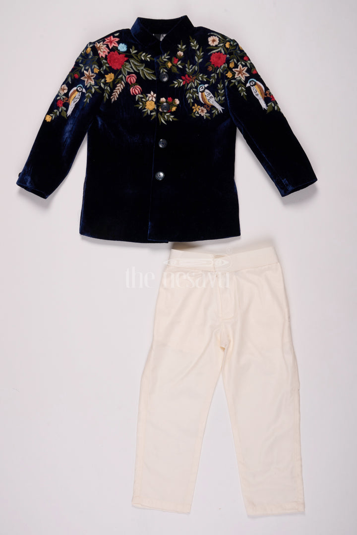 Boys Velvet Christmas Shirt with Intricate Floral Embroidery and Coordinated Pants