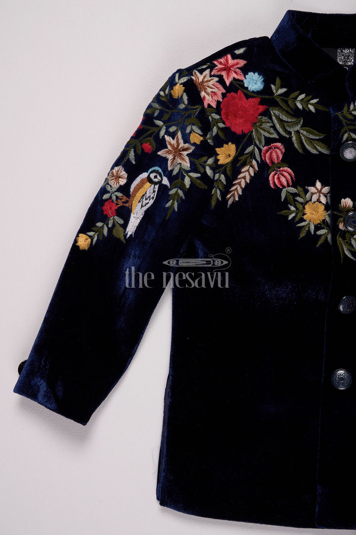 Boys Velvet Christmas Shirt with Intricate Floral Embroidery and Coordinated Pants