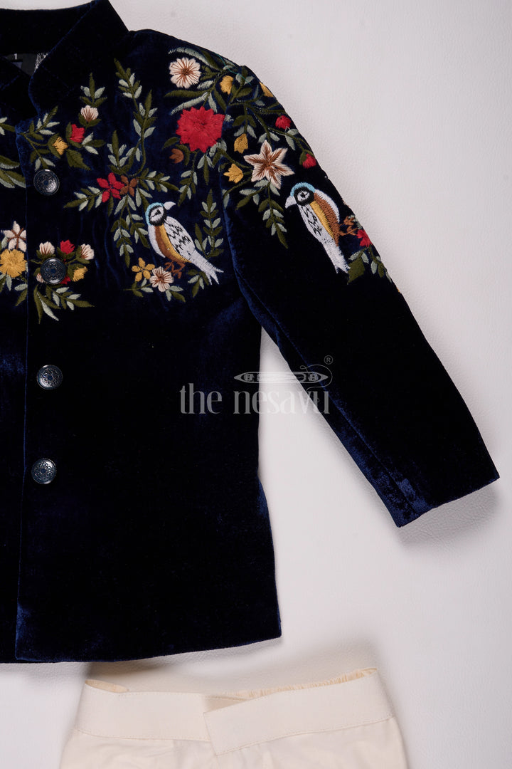 Boys Velvet Christmas Shirt with Intricate Floral Embroidery and Coordinated Pants