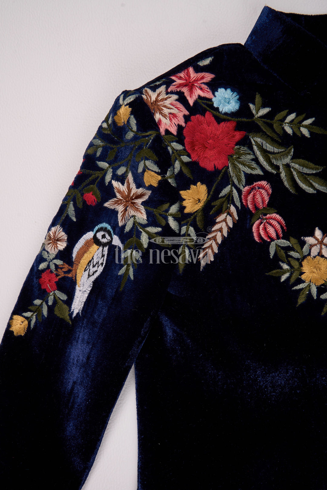 Boys Velvet Christmas Shirt with Intricate Floral Embroidery and Coordinated Pants