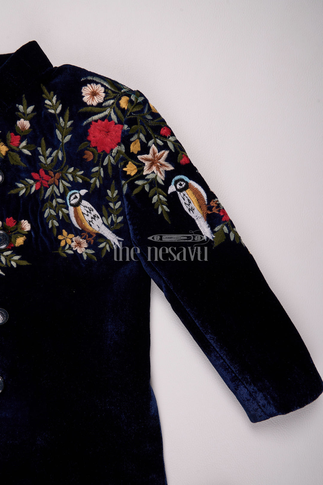 Boys Velvet Christmas Shirt with Intricate Floral Embroidery and Coordinated Pants