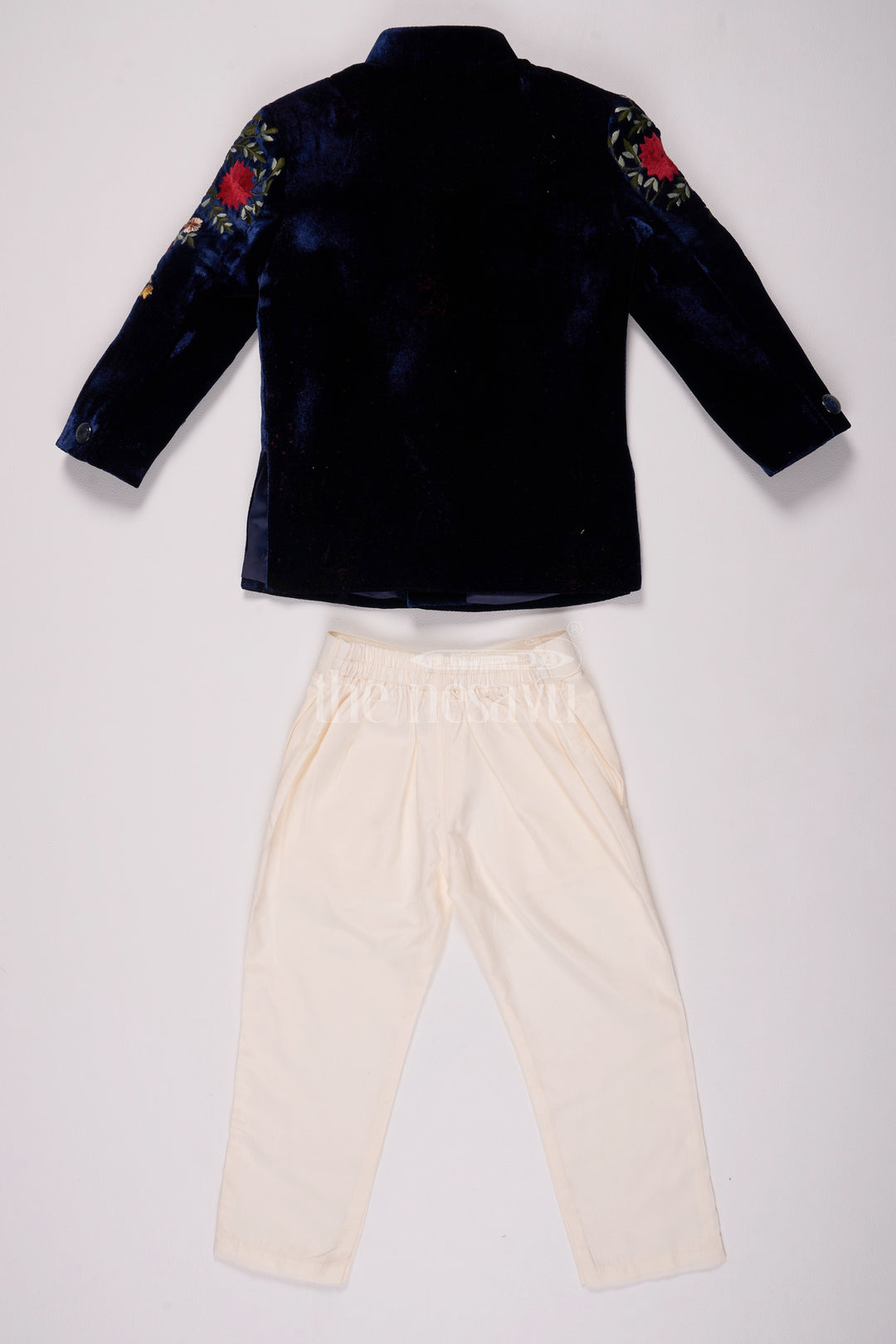 Boys Velvet Christmas Shirt with Intricate Floral Embroidery and Coordinated Pants