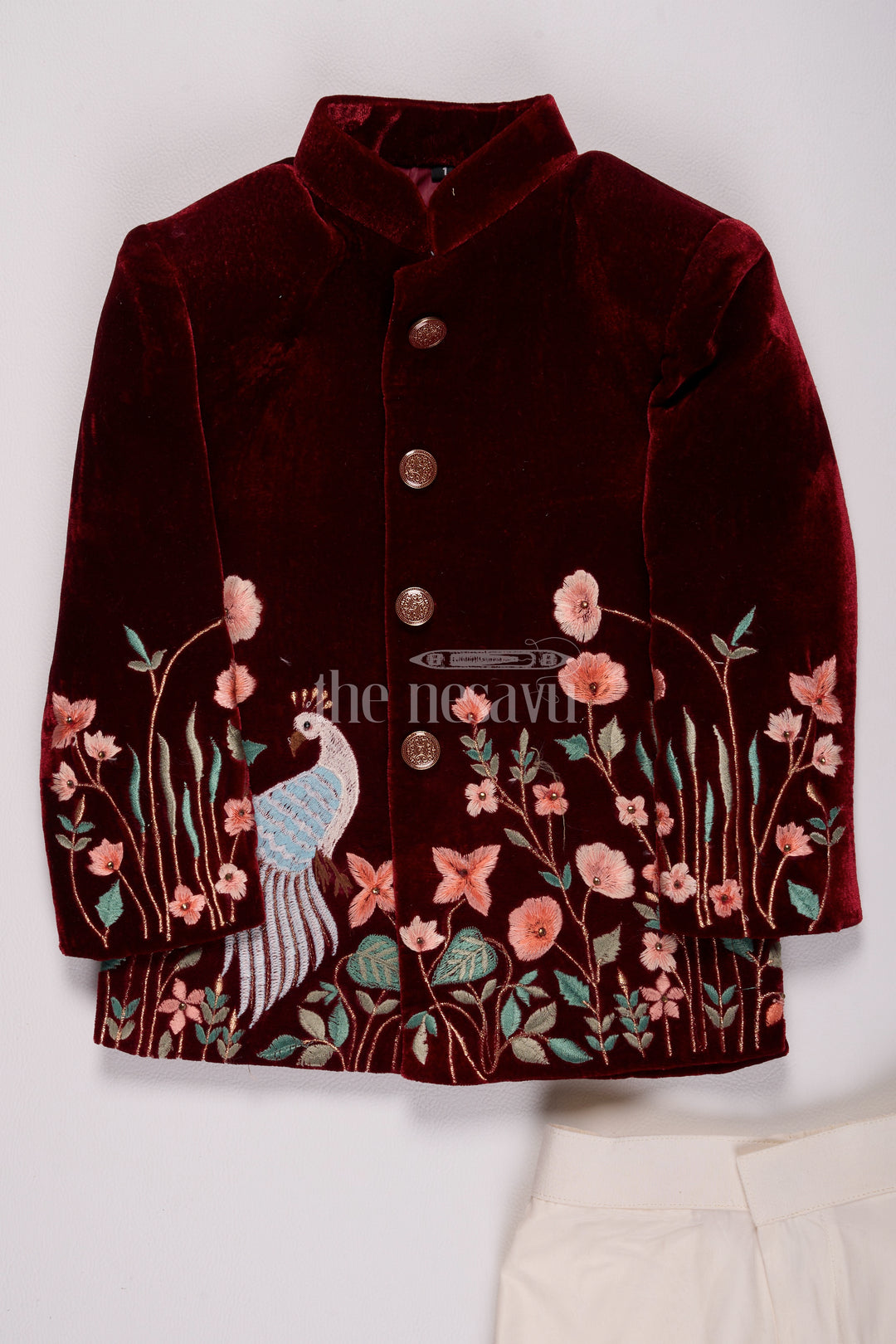 Boys Velvet Holiday Shirt with Peacock Embroidery and Cream Tailored Pants