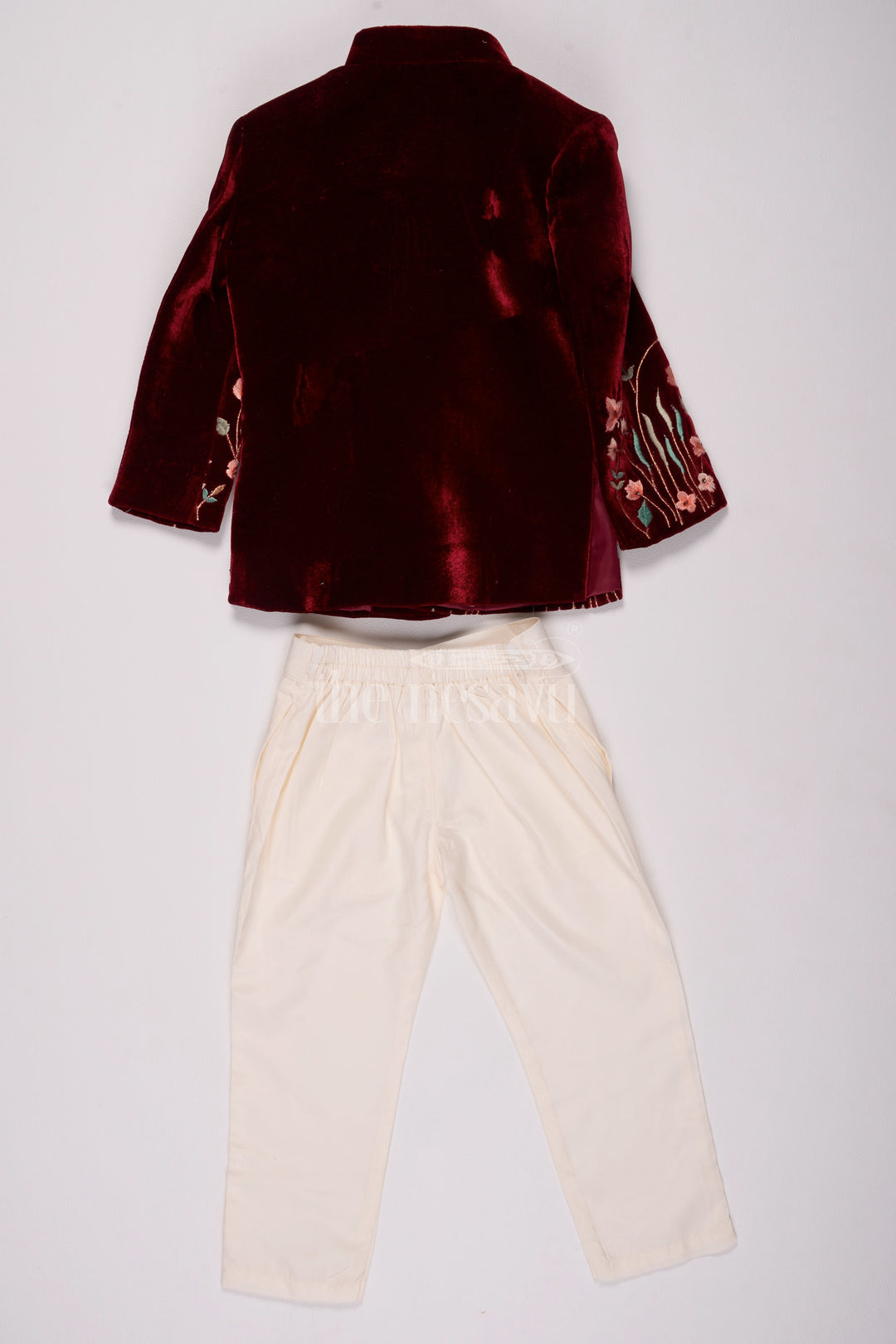 Boys Velvet Holiday Shirt with Peacock Embroidery and Cream Tailored Pants