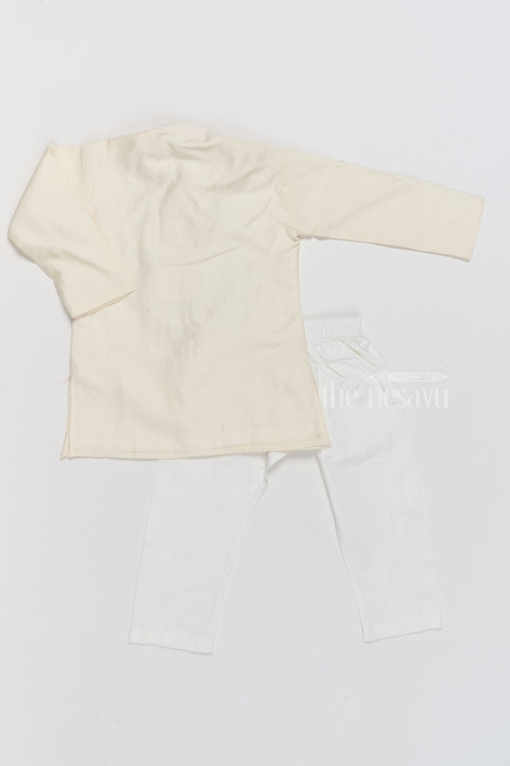 Boys Ivory Cotton Kurta Set with Elegant Gold Embroidered Triangle Design