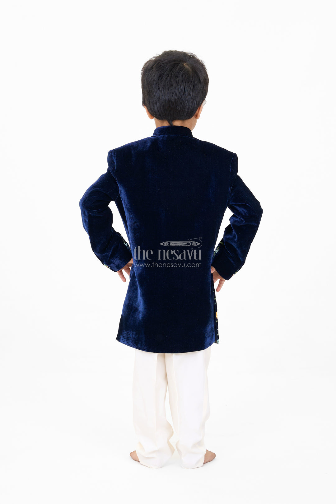 Boys Velvet Kurta Set with Embroidered Jacket and Cream Pants