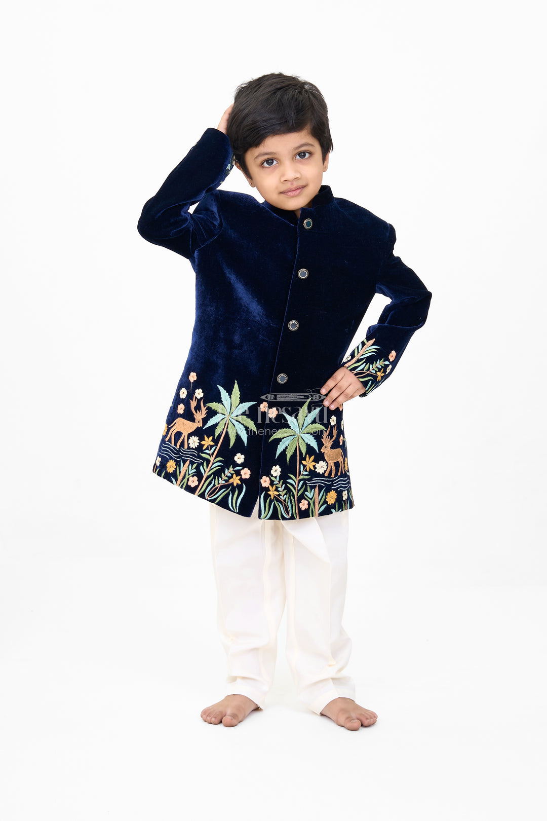 Boys Velvet Kurta Set with Embroidered Jacket and Cream Pants