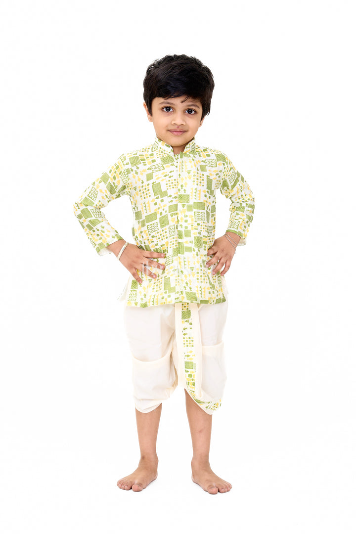 Boys Green Printed Dhoti and Shirt Set with Classic Mandarin Collar