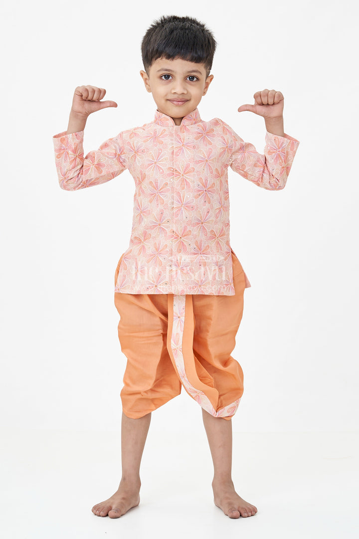 Boys Best Dhoti Kurta Design in Floral Embroidered Cotton Blend with Mandarin Collar and Rust Dhoti