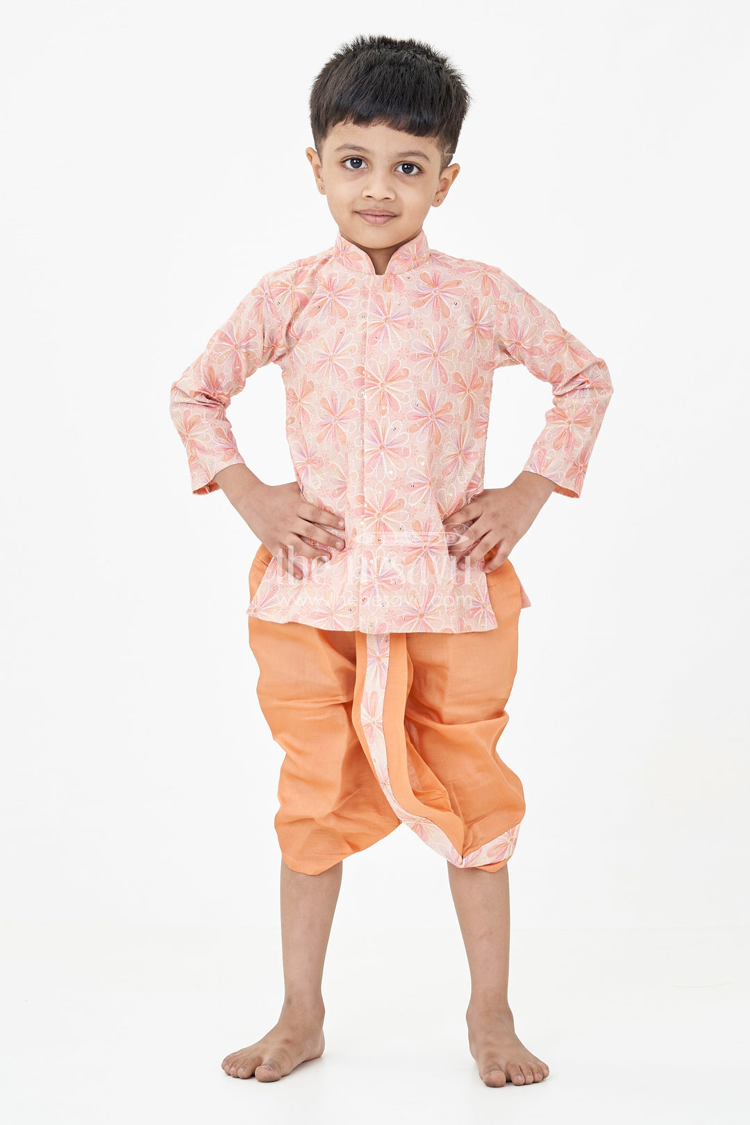 Boys Best Dhoti Kurta Design in Floral Embroidered Cotton Blend with Mandarin Collar and Rust Dhoti