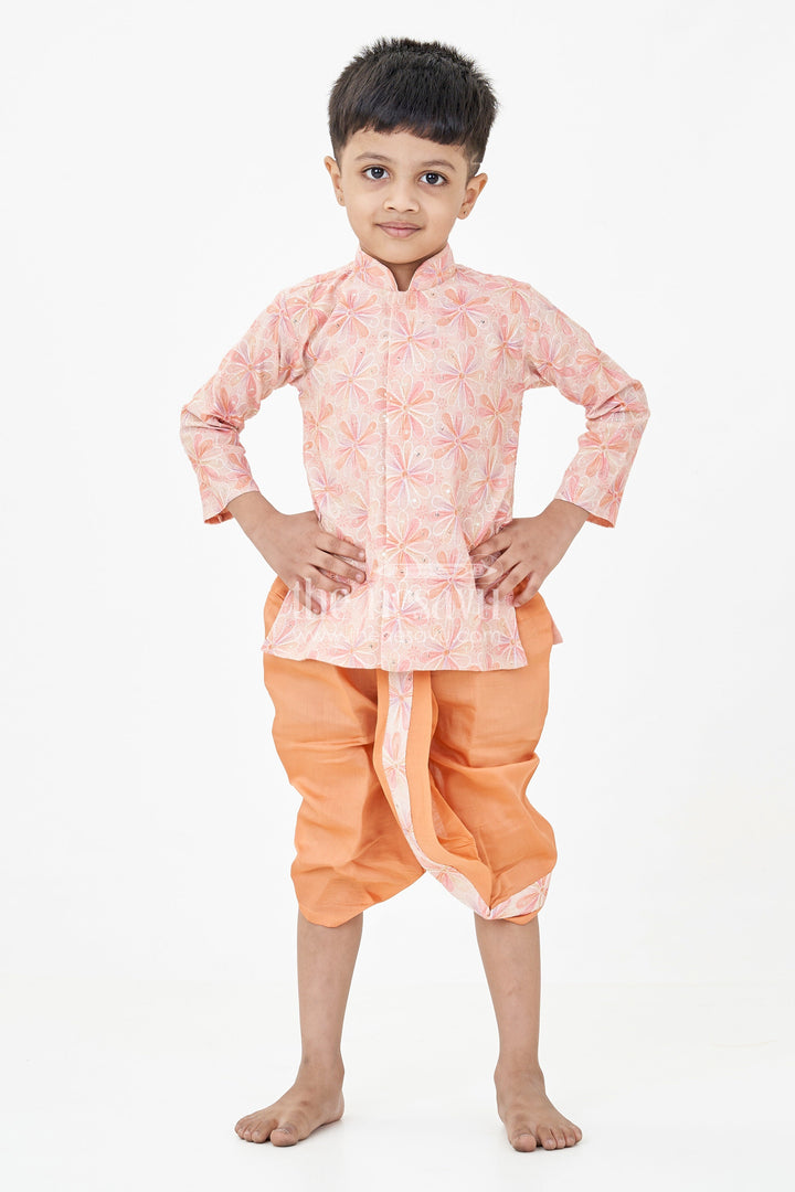 Boys Best Dhoti Kurta Design in Floral Embroidered Cotton Blend with Mandarin Collar and Rust Dhoti