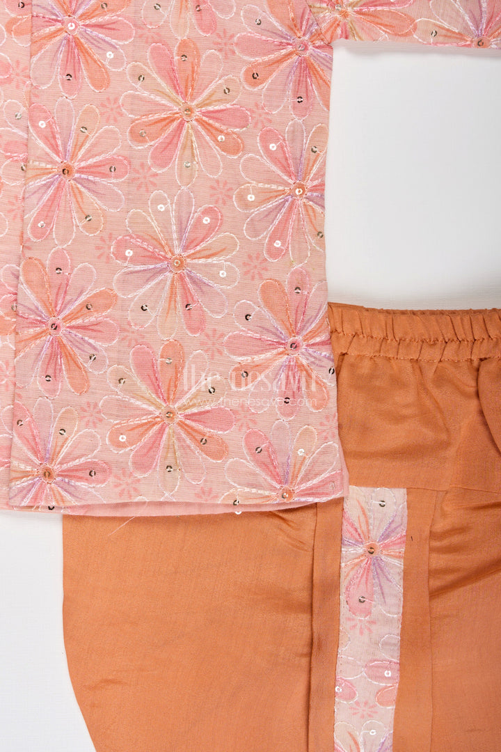 Boys Best Dhoti Kurta Design in Floral Embroidered Cotton Blend with Mandarin Collar and Rust Dhoti