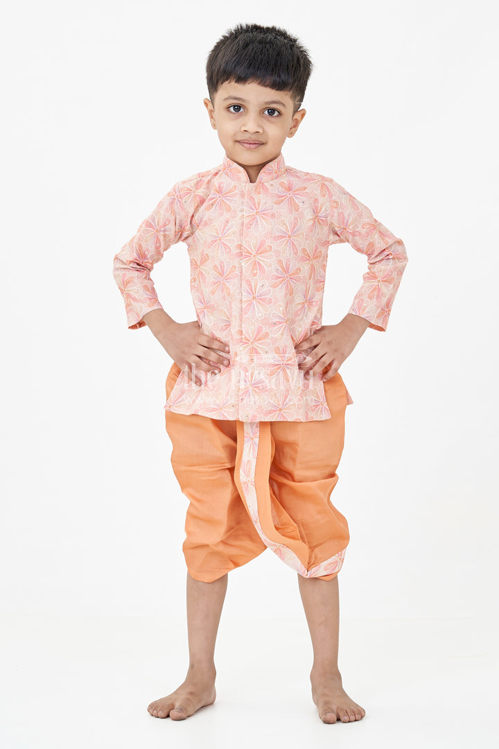Boys Best Dhoti Kurta Design in Floral Embroidered Cotton Blend with Mandarin Collar and Rust Dhoti