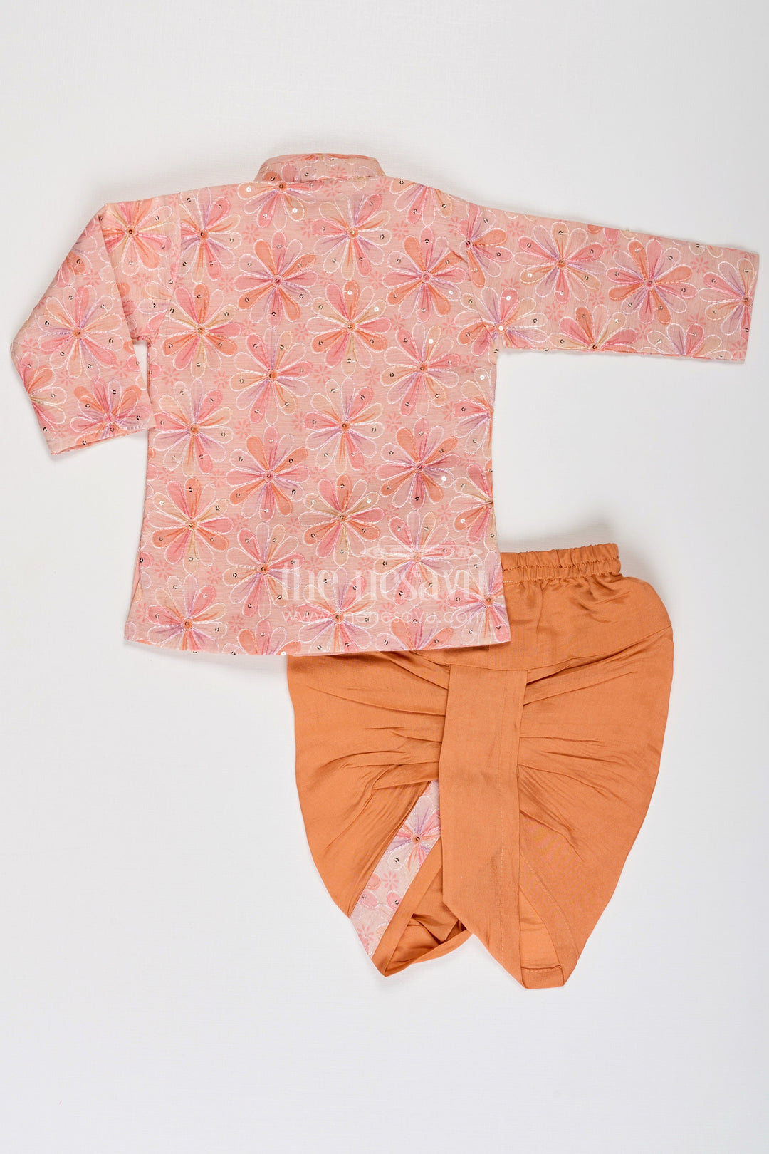Boys Best Dhoti Kurta Design in Floral Embroidered Cotton Blend with Mandarin Collar and Rust Dhoti