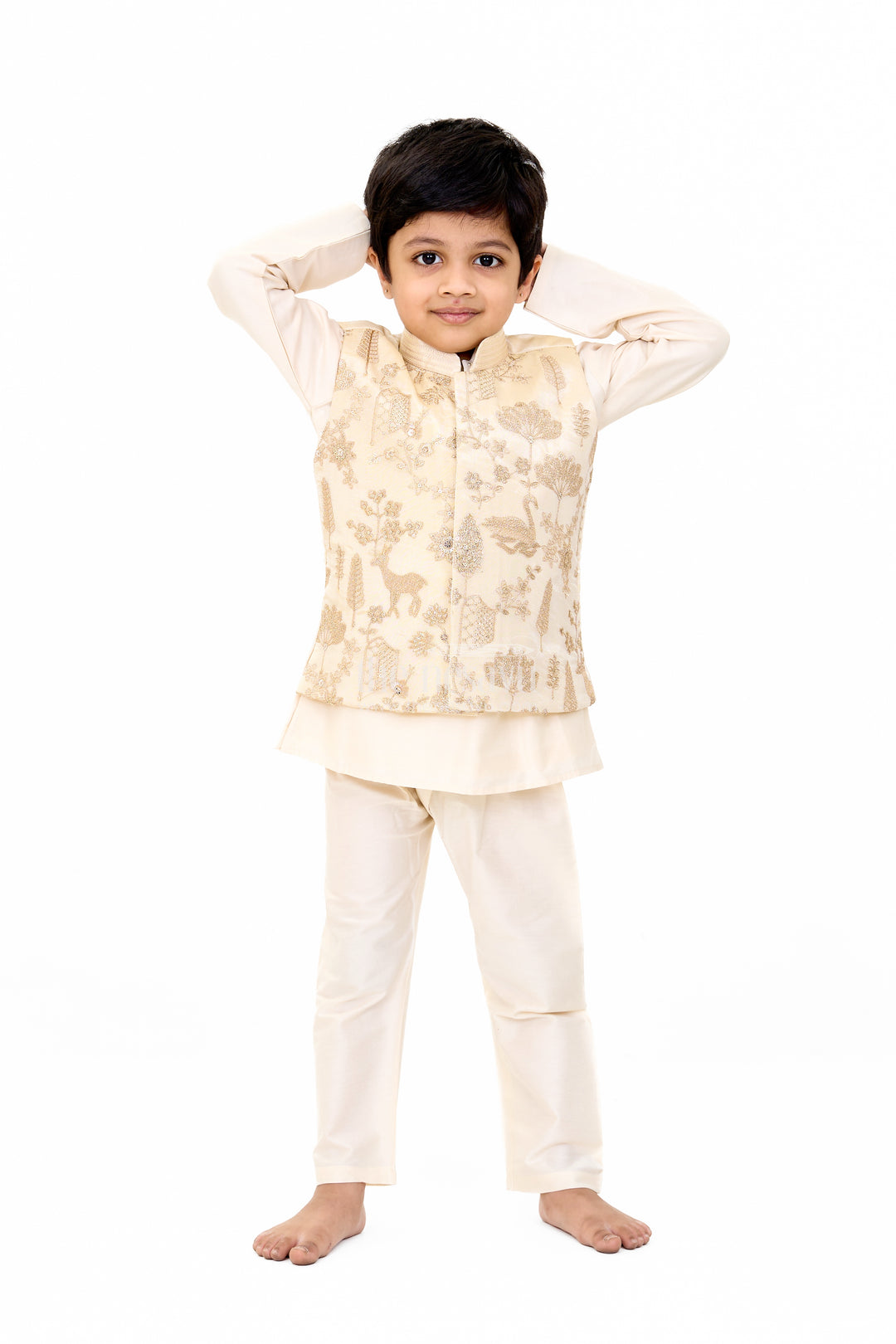 Boys Cream Kurta Set with Embroidered Jacket and Straight Pants for Festive Wear