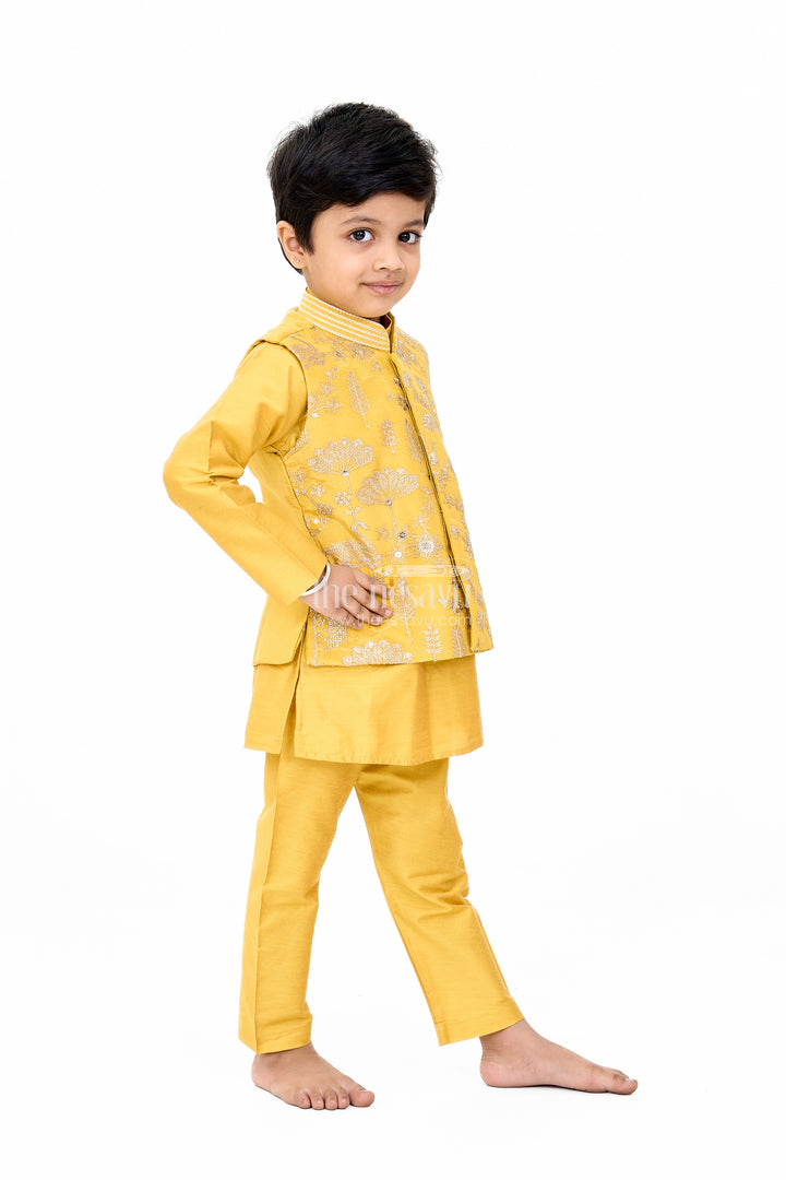 Boys Yellow Kurta Set with Embroidered Jacket and Pants for Traditional Occasions