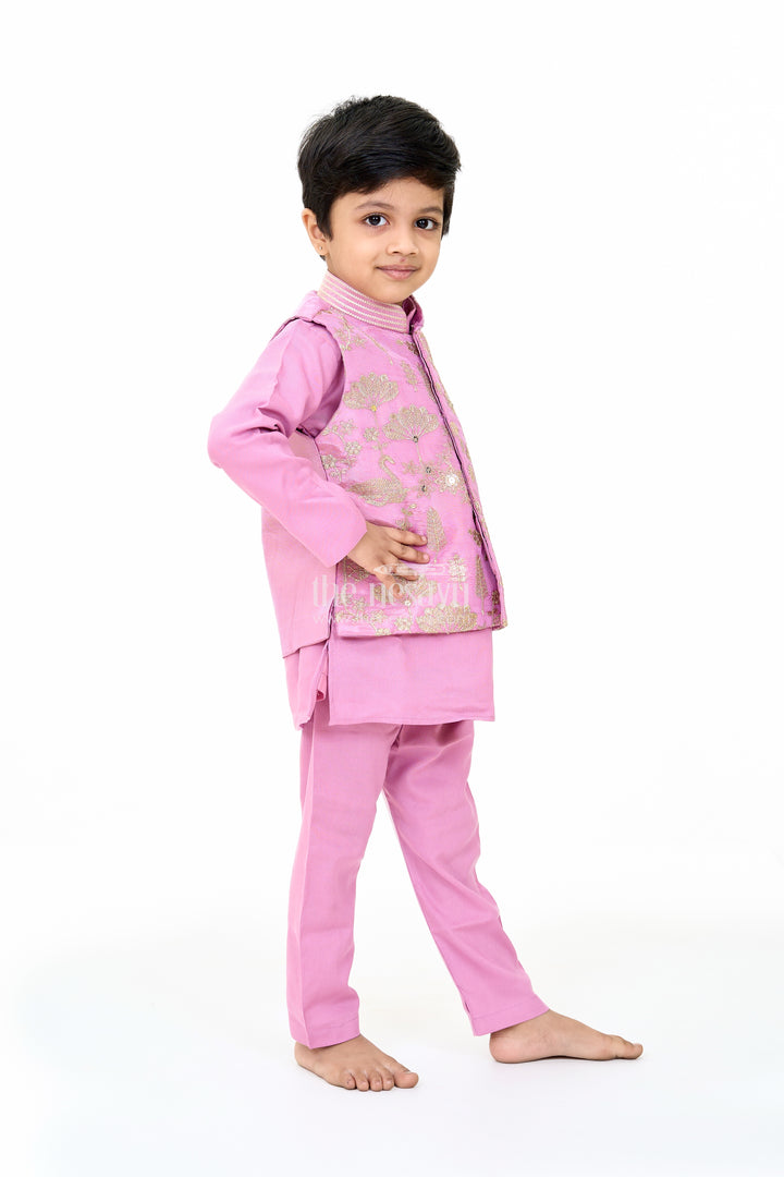 Boys Lavender Cotton Kurta with Embroidered Jacket and Matching Pants for Festive Wear