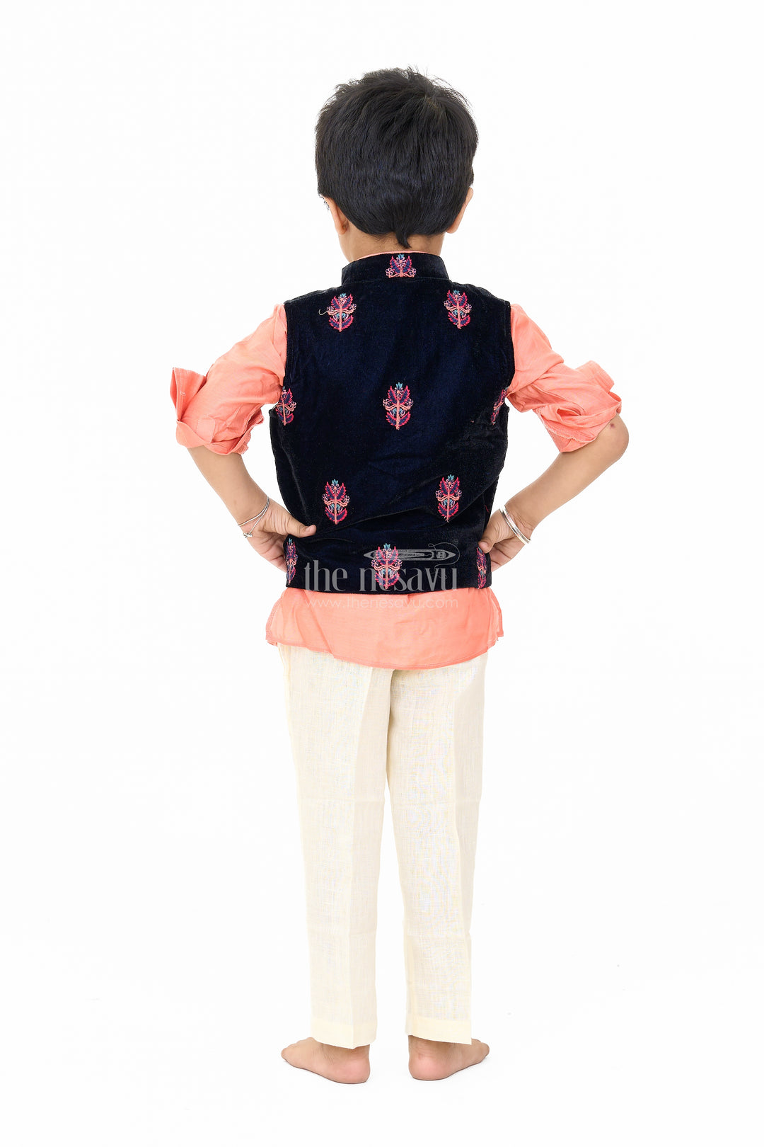 Boys Blue and Peach Kurta Set with Embroidered Nehru Jacket and Cream Pants for Festive Wear