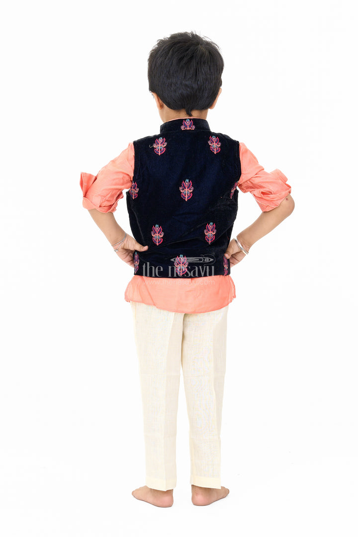 Boys Blue and Peach Kurta Set with Embroidered Nehru Jacket and Cream Pants for Festive Wear