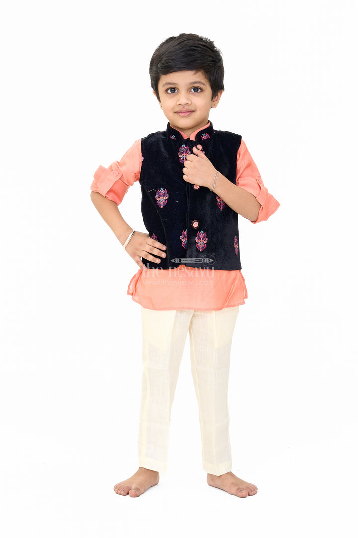 Boys Blue and Peach Kurta Set with Embroidered Nehru Jacket and Cream Pants for Festive Wear