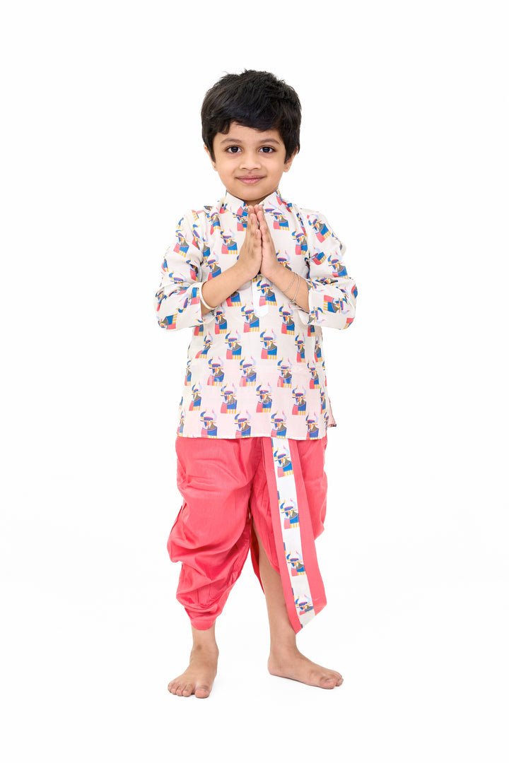 Boys Pink and Cream Dhoti Kurta Set with Printed Design for Traditional Celebrations