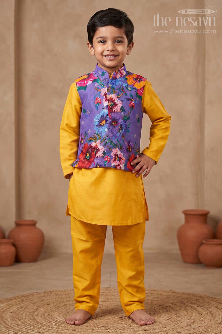Yellow Kurtha Boys Jacket Set with Vibrant Floral Embroidery Jacket in Viscose Blend and Coordinated Bottoms