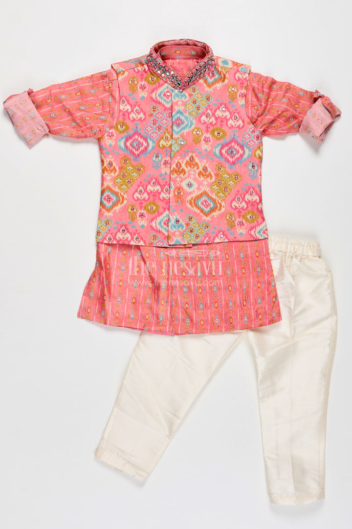 Boys Viscose Blend Jacket Pants Set in Coral with Printed Kurta and Festive Jacket Design