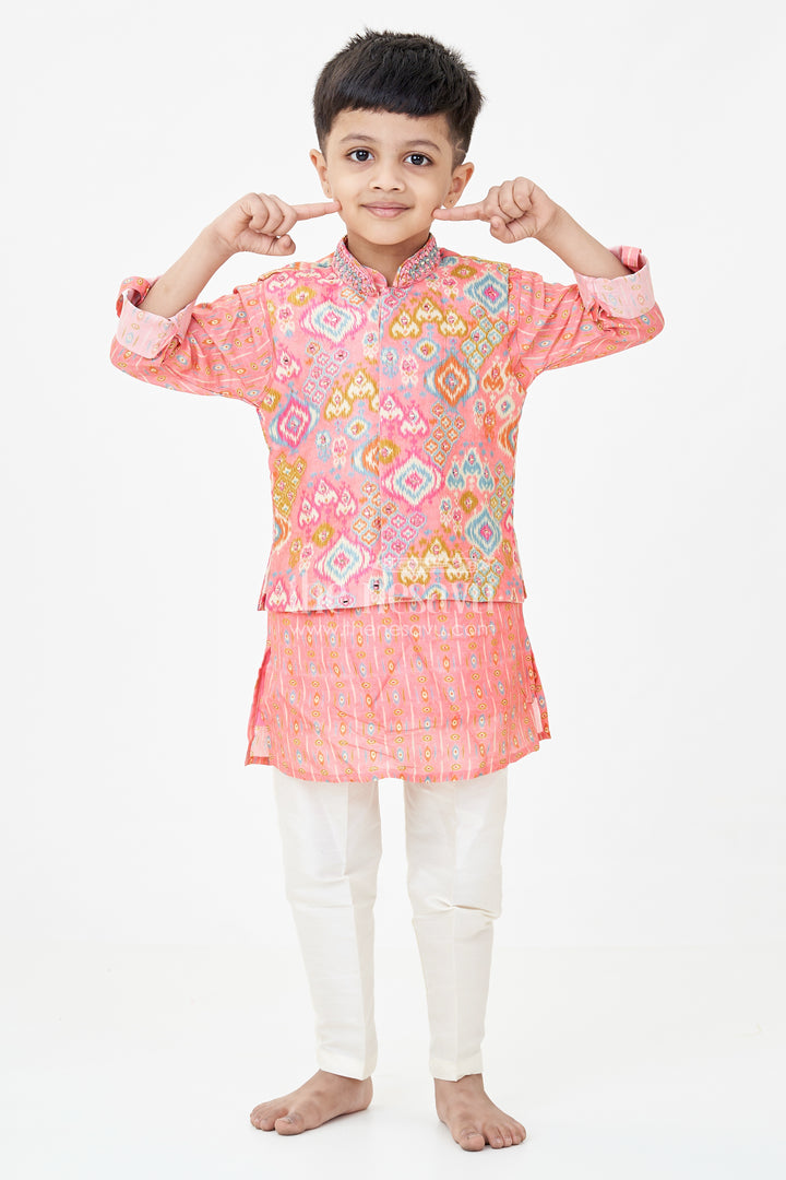 Boys Viscose Blend Jacket Pants Set in Coral with Printed Kurta and Festive Jacket Design