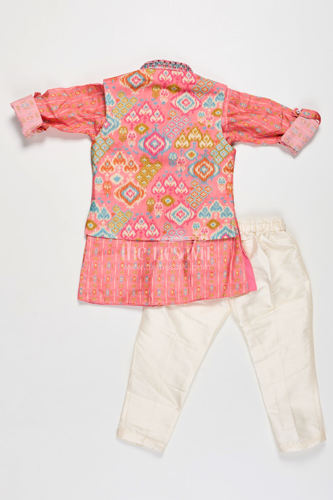 Boys Viscose Blend Jacket Pants Set in Coral with Printed Kurta and Festive Jacket Design
