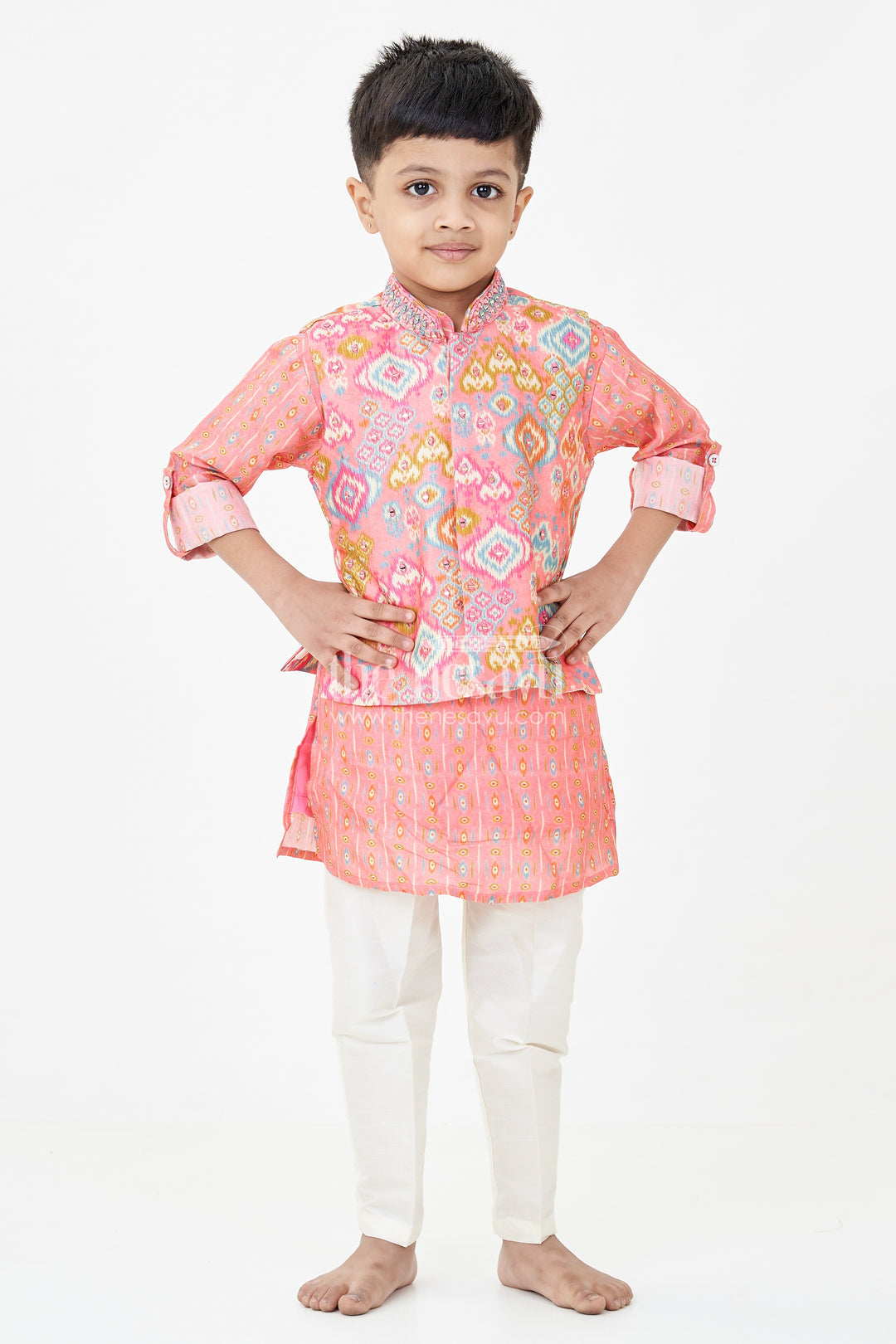 Boys Viscose Blend Jacket Pants Set in Coral with Printed Kurta and Festive Jacket Design