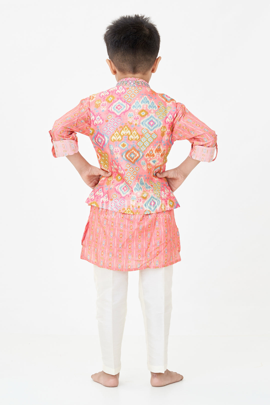 Boys Viscose Blend Jacket Pants Set in Coral with Printed Kurta and Festive Jacket Design