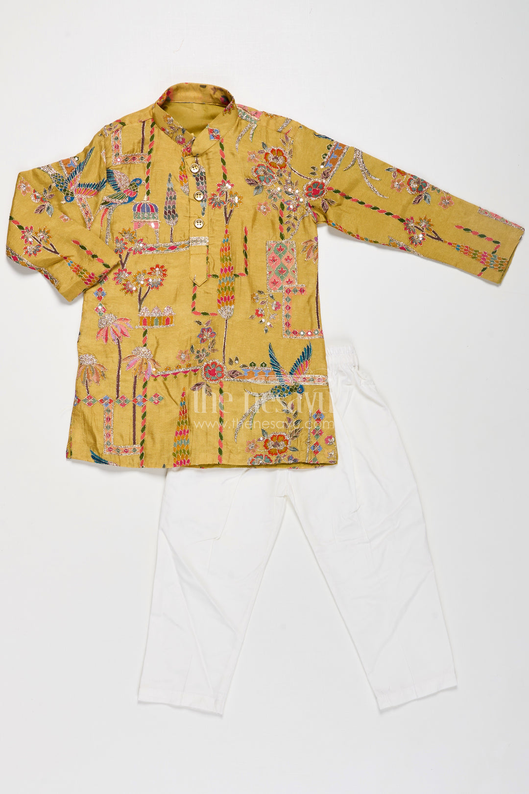 Boys Silk Blend Party Wear Kurtha Set in Mustard with Embroidered Details and White Pants