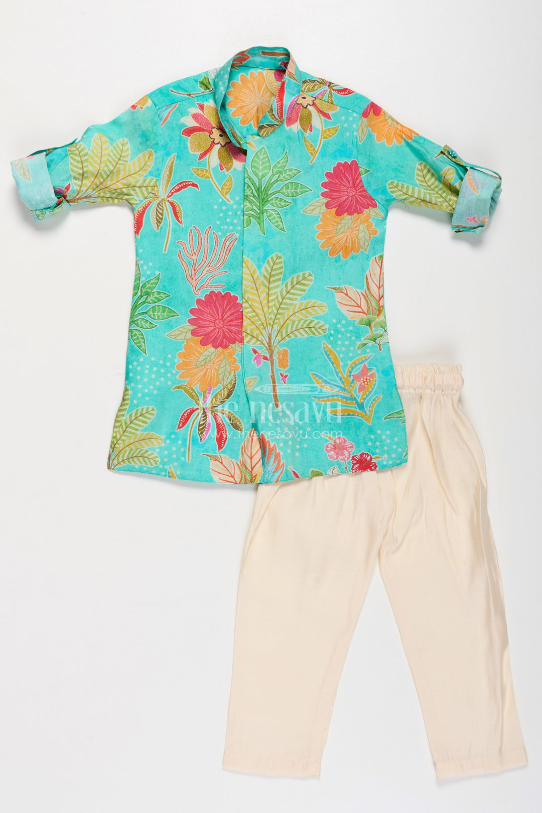 Boys Kurta Jacket Set in Digital Printed Muslin Silk with Vibrant Floral Designs and Cream Pants
